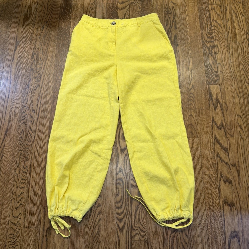 Anthropologie Calligraphy Linen Relaxed Wide Leg Boho Tie Cuff Pants Yellow 8